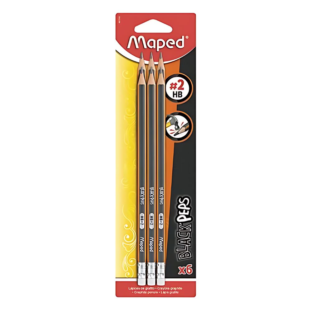 Lápiz Maped Black Peps HB No. 2 (6 pzs) | Cuerpo Triangular Ergonómico