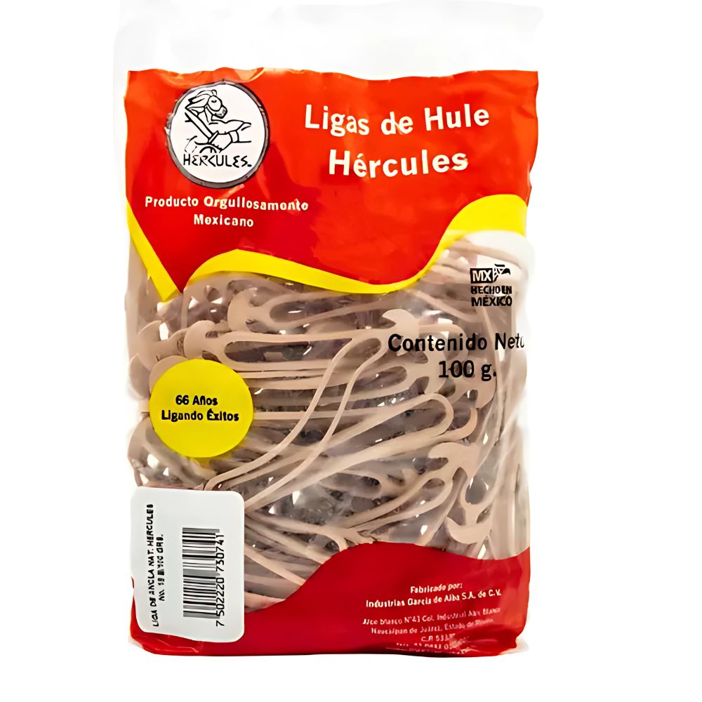 Ligas Hércules No. 18 – Hule Natural, Bolsa 100 g, Tipo Ancla