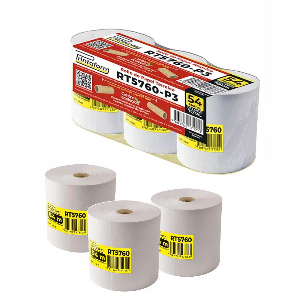 Rollo de Papel Térmico Printaform 57mm x 54m | Paquete con 3 Rollos – Colmenero Shop