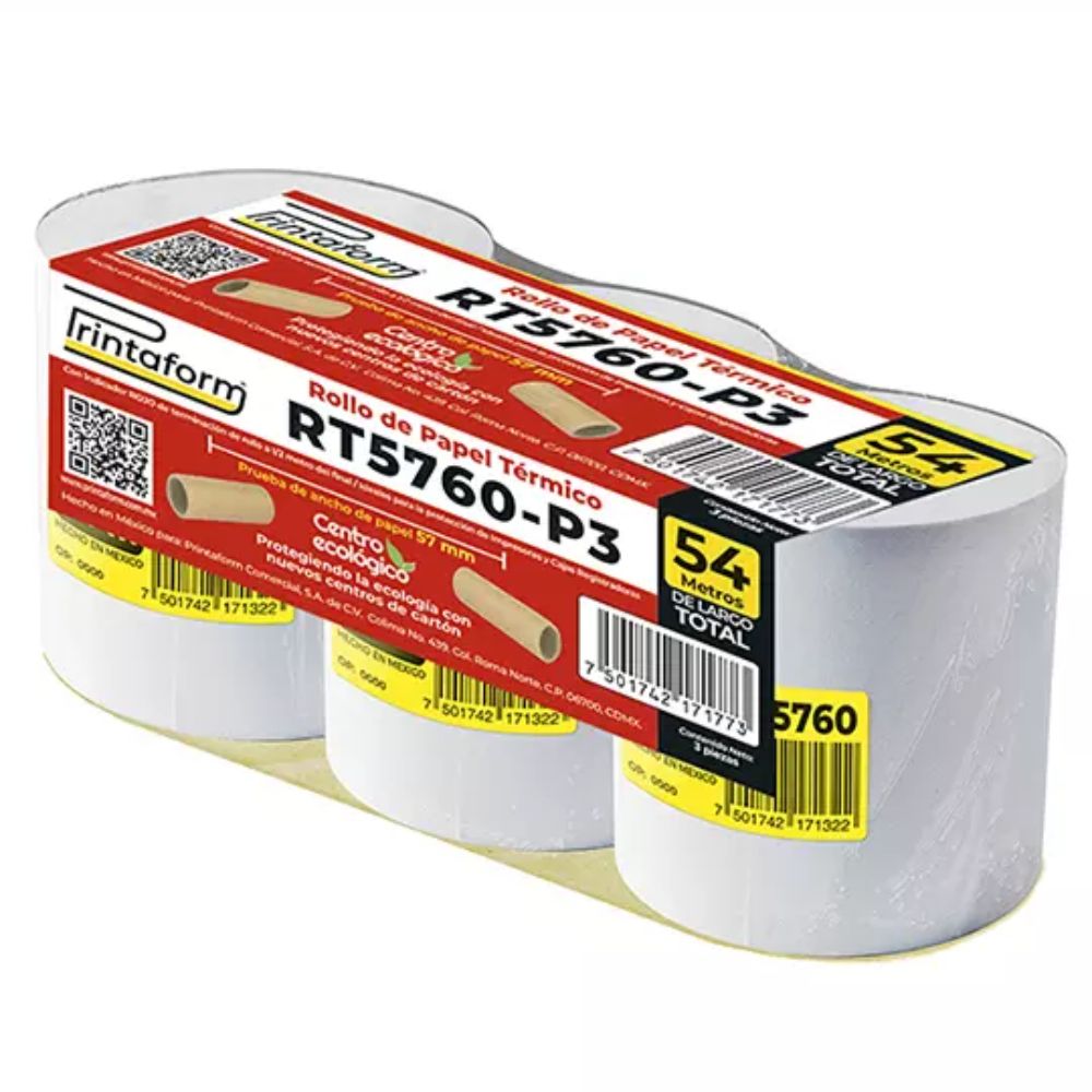 Rollo de Papel Térmico Printaform 57mm x 54m | Paquete con 3 Rollos – Colmenero Shop