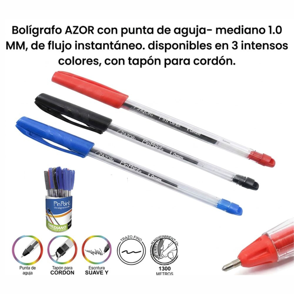 Bolígrafo Pin Point Azor 1.0mm Bote 36 Pzas Colores Básicos