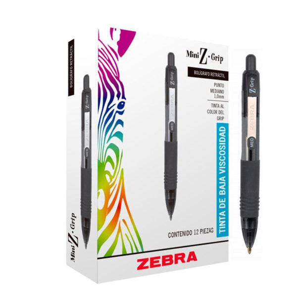Bolígrafo Mini Z Grip, Zebra, Tinta Negra, Punto Mediano 1.0 Mm, Con 12 Piezas - Colmenero Shop