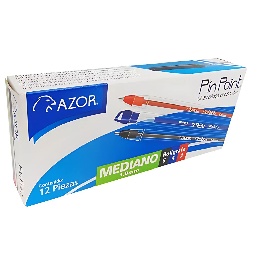 Bolígrafo Azor Pin Point 1.0mm | Caja 12 Pzas, Colores Surtidos, Punto Mediano