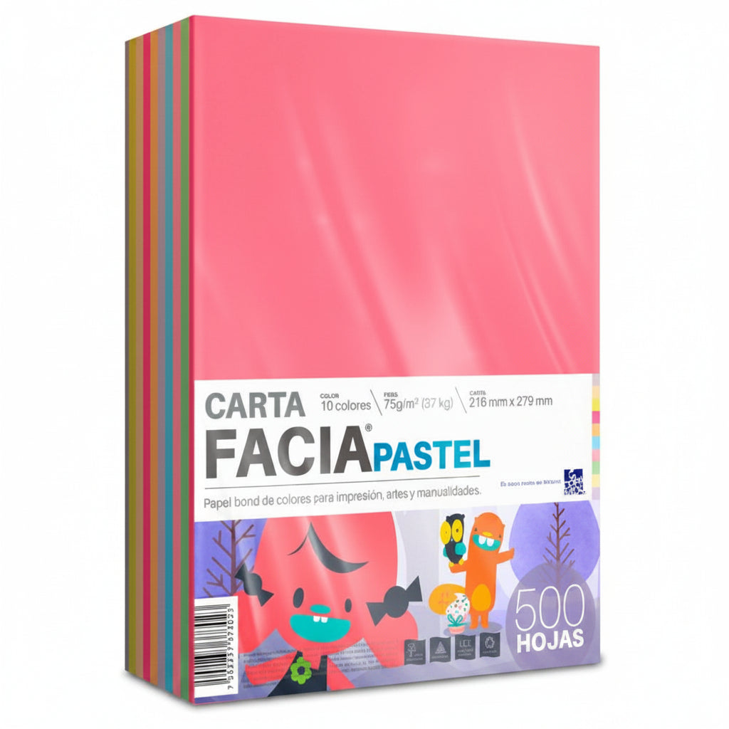 Papel Facia Pastel Carta 75g | Mix 10 Colores | Caja 10pq x 500 hojas | Copamex