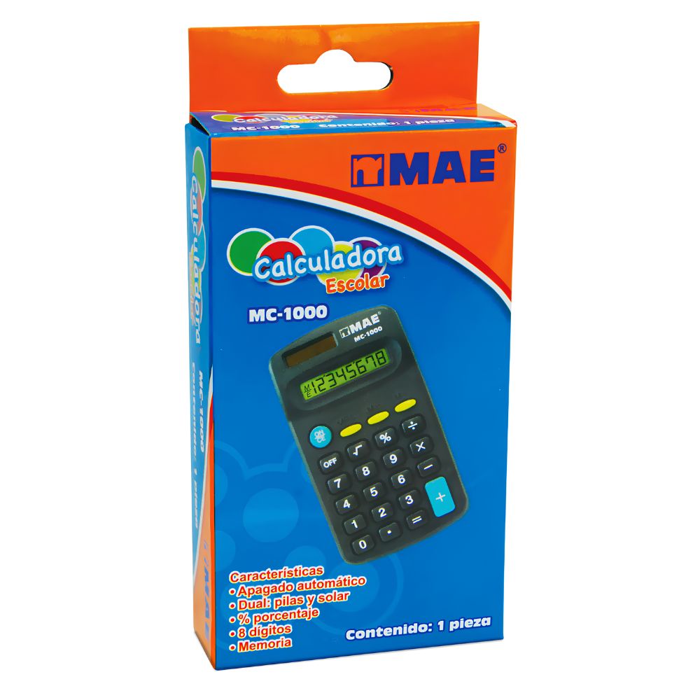 Calculadora escolar de bolsillo MAE MC-1000 de 8 digitos con alimentacion dual solar y bateria
