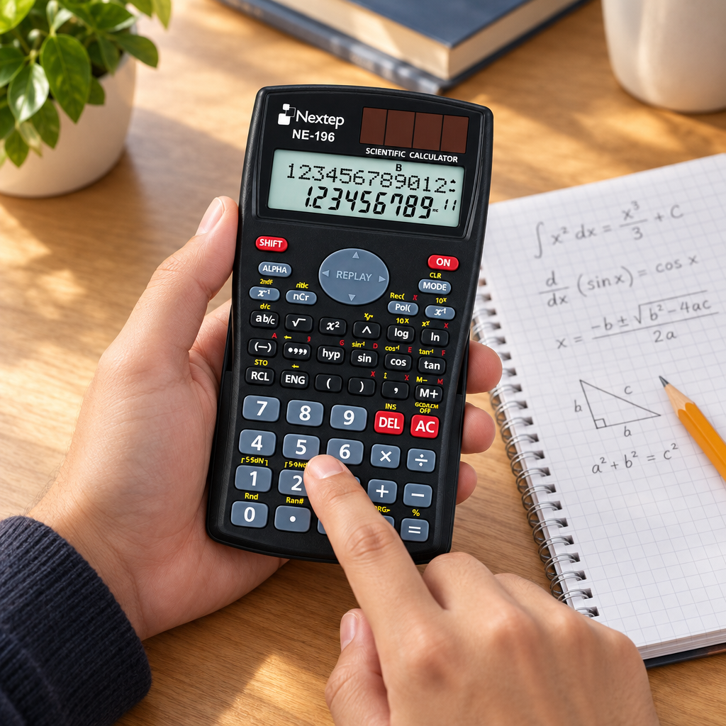Calculadora científica Nextep NE-196 en uso sobre un escritorio de estudio