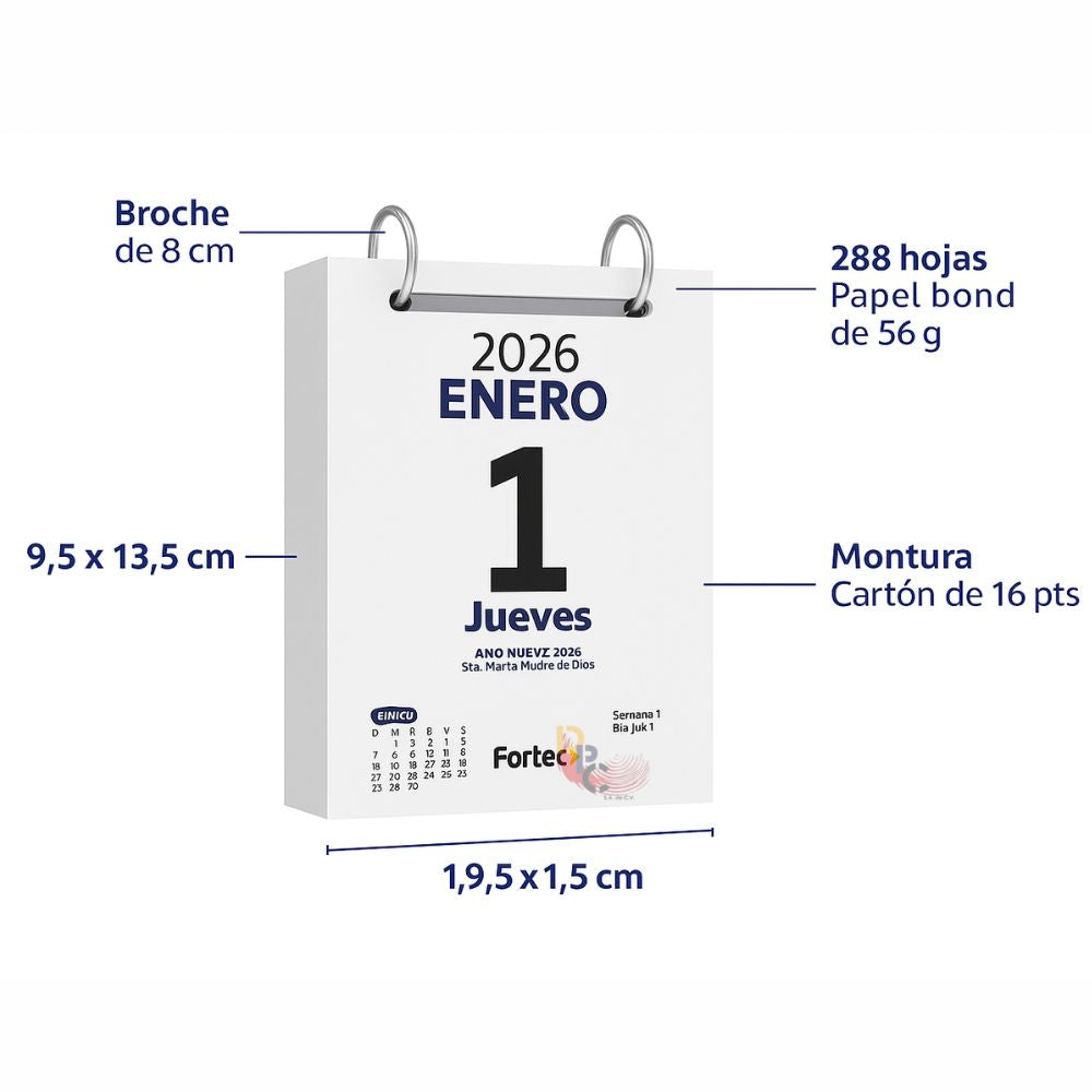 Calendario Exfoliador Fortec 2026 Taco | 9.5x13.5 cm | 288 Hojas con Broche