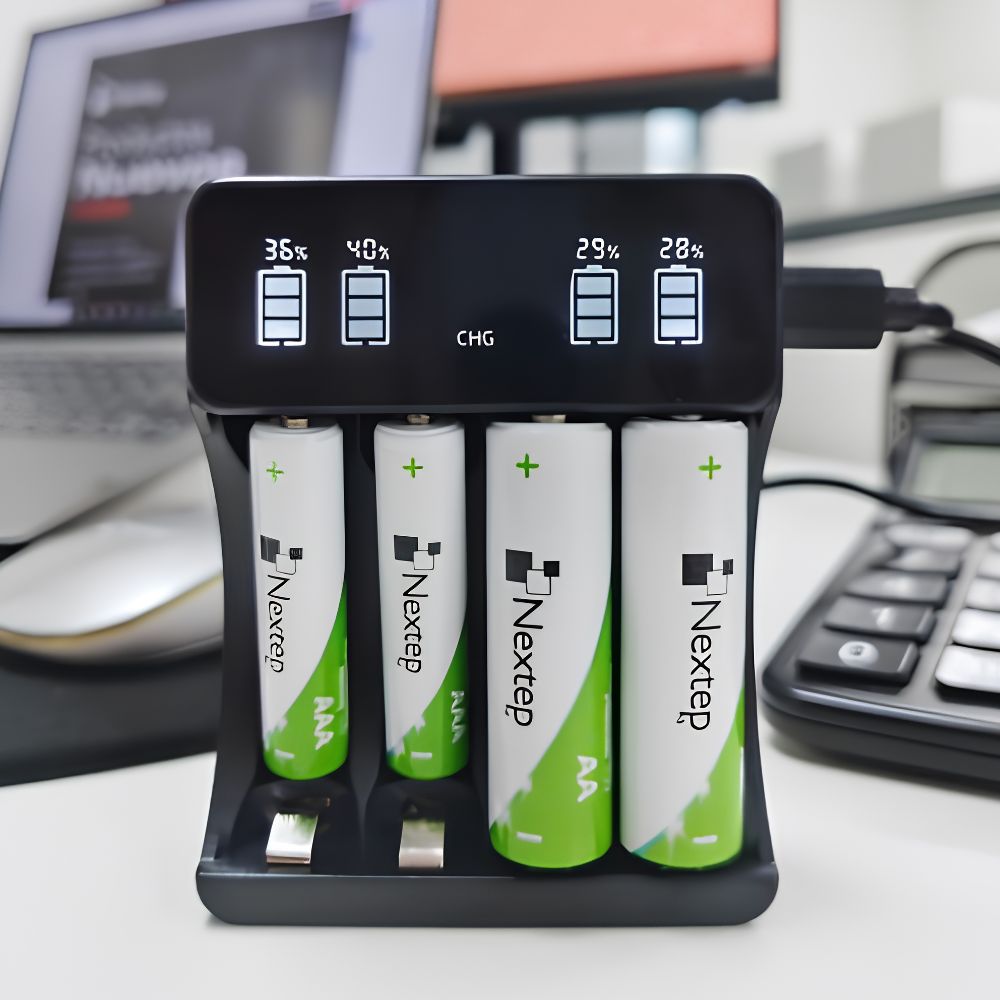 Cargador de pilas compacto Nextep modelo NE-285 con slots para 4 baterías AA o AAA, conectado mediante cable USB e incluyendo dos pilas recargables AA de la marca.