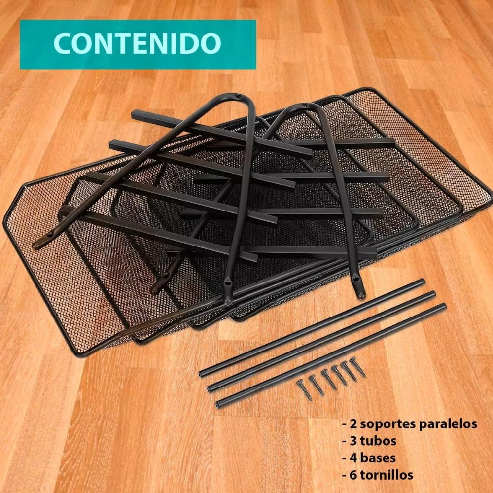 Organizador clasificador de escritorio marca Vmingo con 4 charolas deslizables de malla metálica negra, marco de acero inoxidable y base con gomas protectoras para documentos tamaño oficio.