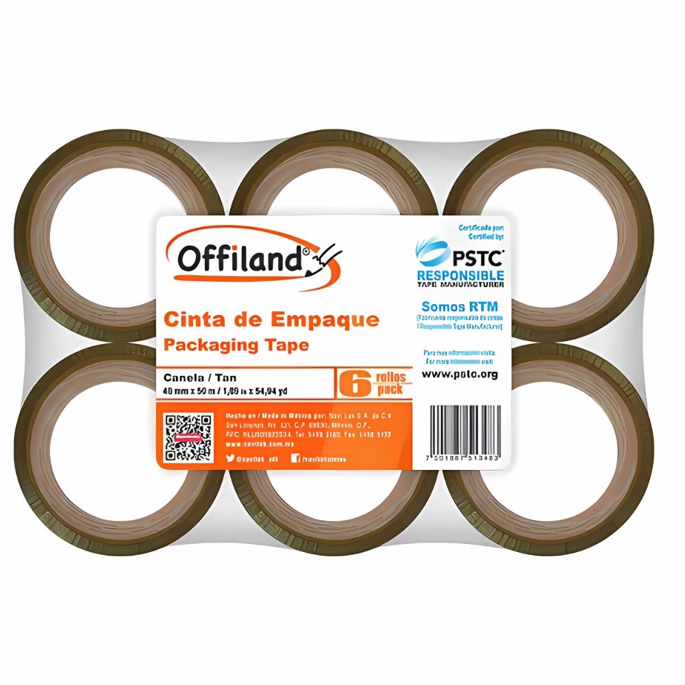 Cinta de Empaque Offiland Canela | 48mm x 50m | Paquete con 6 Rollos
