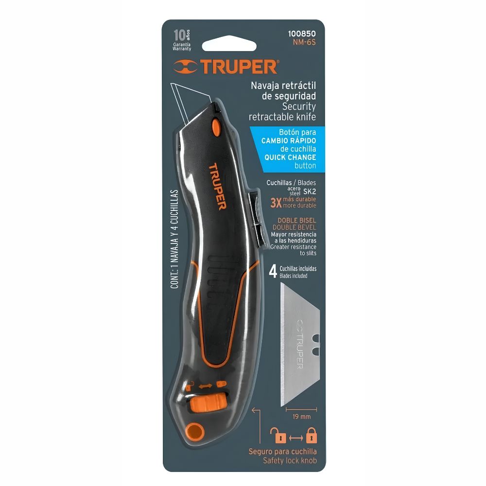Cutter con Navaja de Seguridad Auto-Retráctil Truper 100850 | Modelo NM-6S