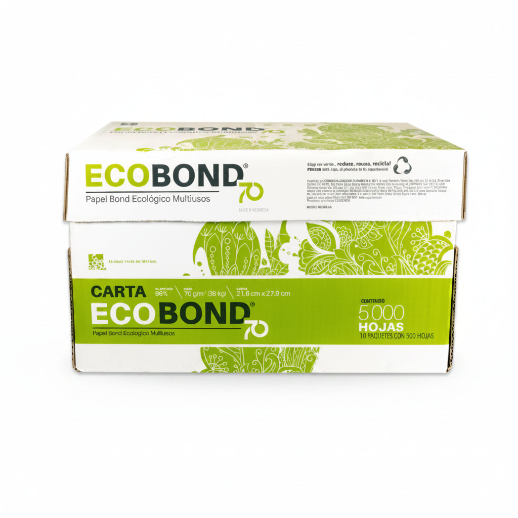 Caja industrial de papel bond ecológico Ecobond tamaño carta de 70 gramos con 5000 hojas de alta blancura para oficina.