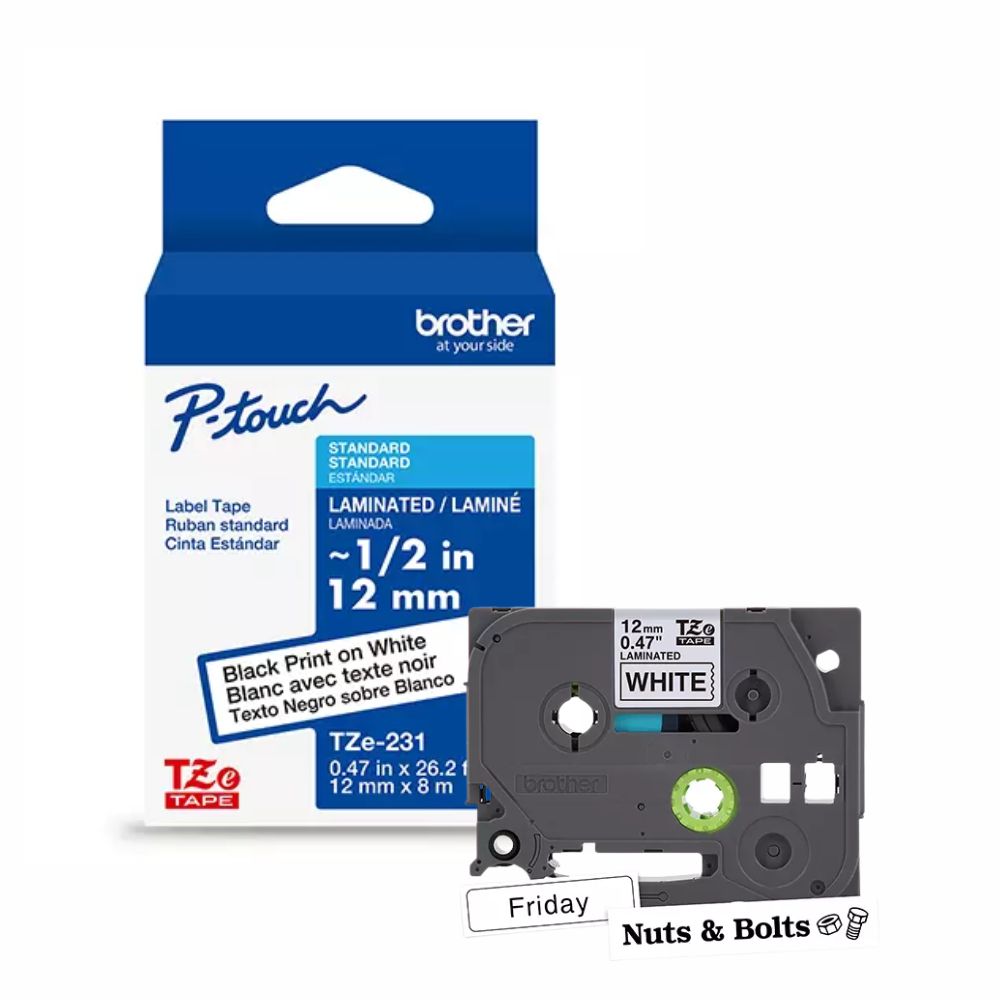 Cinta Brother negro sobre blanco de 12mm TZE231G