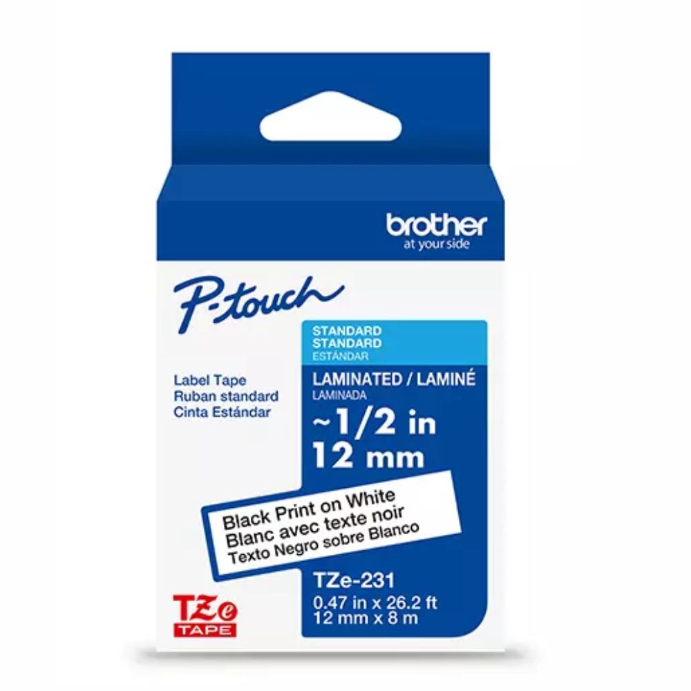 Cinta Brother negro sobre blanco de 12mm TZE231G