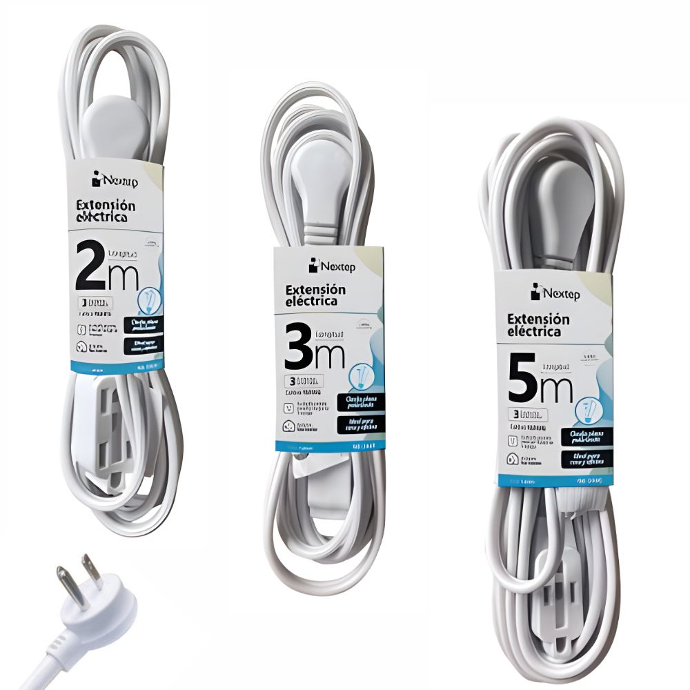 Extensión Eléctrica NEXTEP $\text{16 AWG}$ | Clavija Plana | 3 Contactos | 2/3/5 Metros