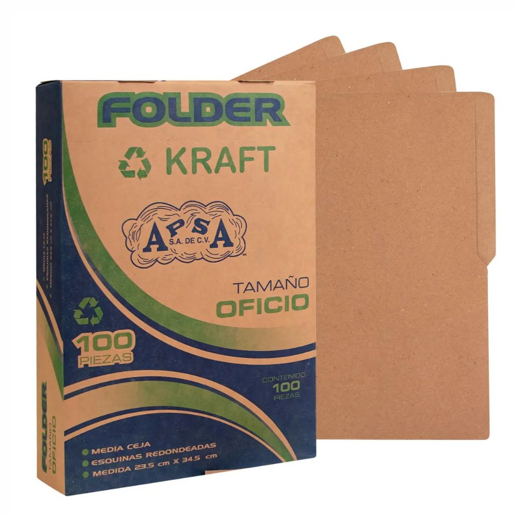 Folder Kraft APSA Paquete 100 Piezas | Carta y Oficio | Suaje para Broche