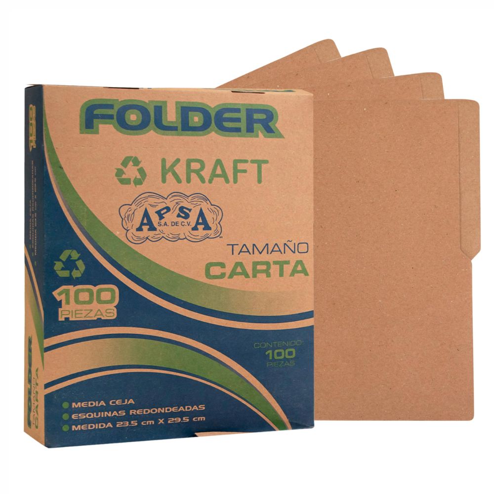 Folder Kraft APSA Paquete 100 Piezas | Carta y Oficio | Suaje para Broche