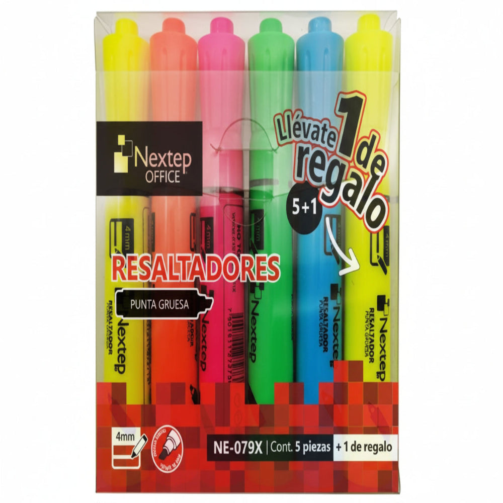 Juego de Resaltadores Nextep 5 Colores + 1 Gratis | Punta Cincel 4mm
