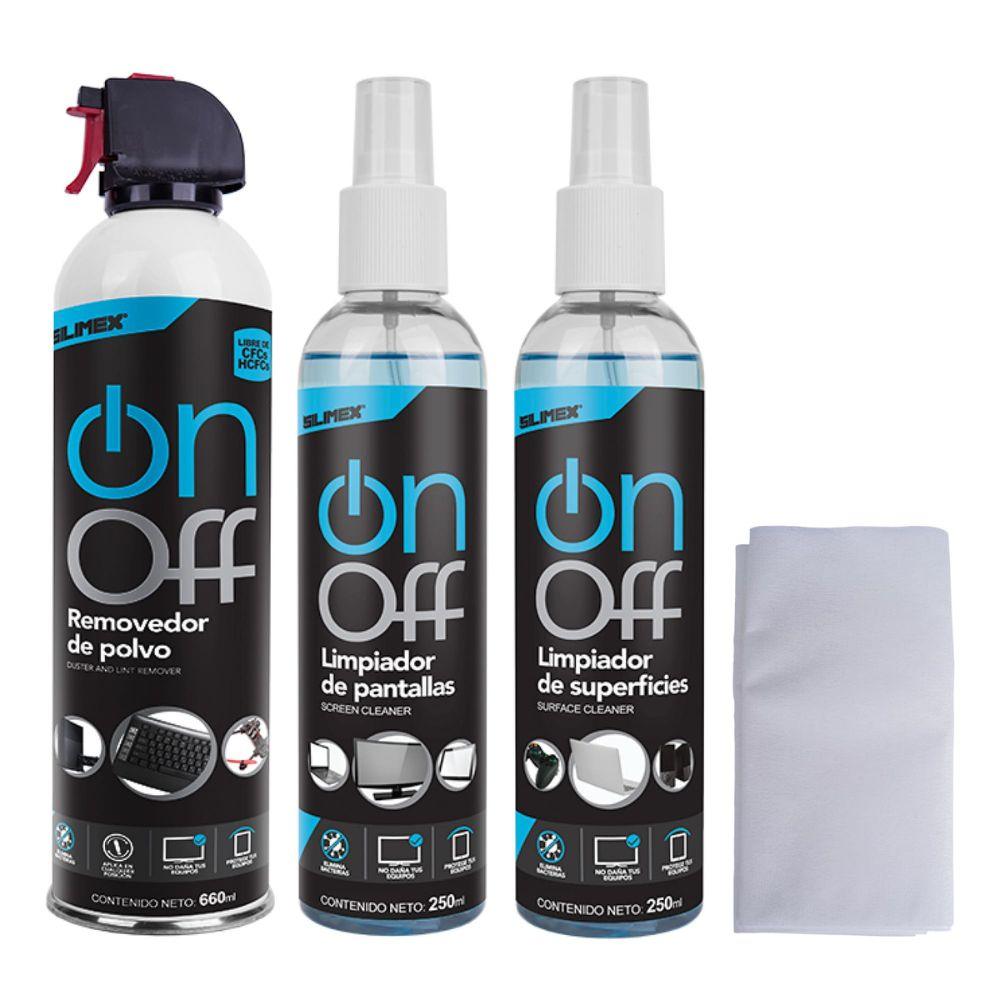 Kit de limpieza Silimex On/Off con aire comprimido, espuma limpiadora y líquidos para pantallas.