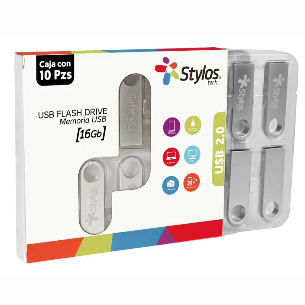 Kit 10 Memorias USB Stylos ST100 | 16GB, Metálicas, Plata
