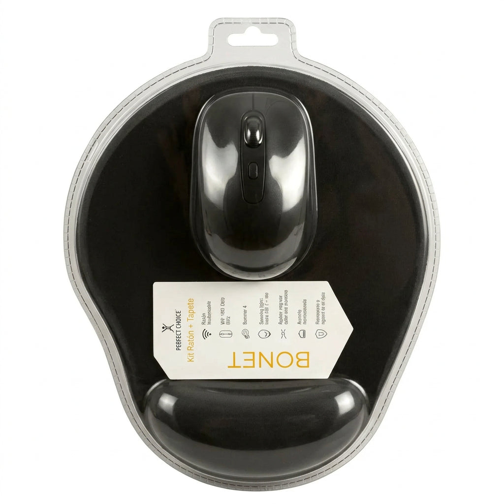 Kit de mouse inalambrico ergonomico y tapete de raton negro marca Perfect Choice Bonet