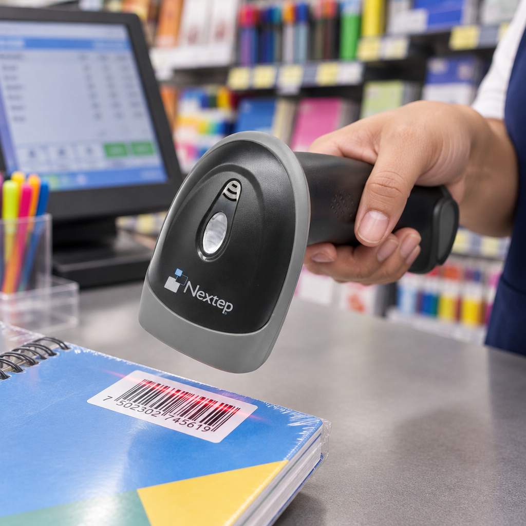 Lector inalámbrico Nextep NE-503I en uso en un mostrador de papelería