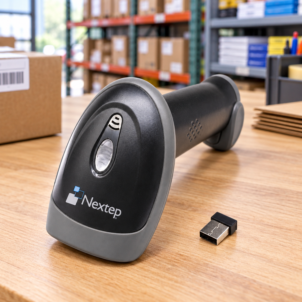Lector inalámbrico Nextep NE-503I sobre una mesa de trabajo en un almacén