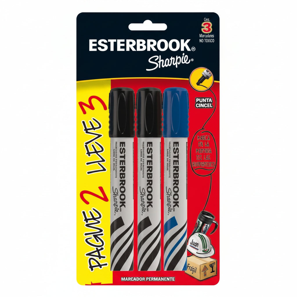 Marcador Permanente Berol Esterbrook Cincel | Paquete de 3 Piezas (2 Negros + 1 Azul)