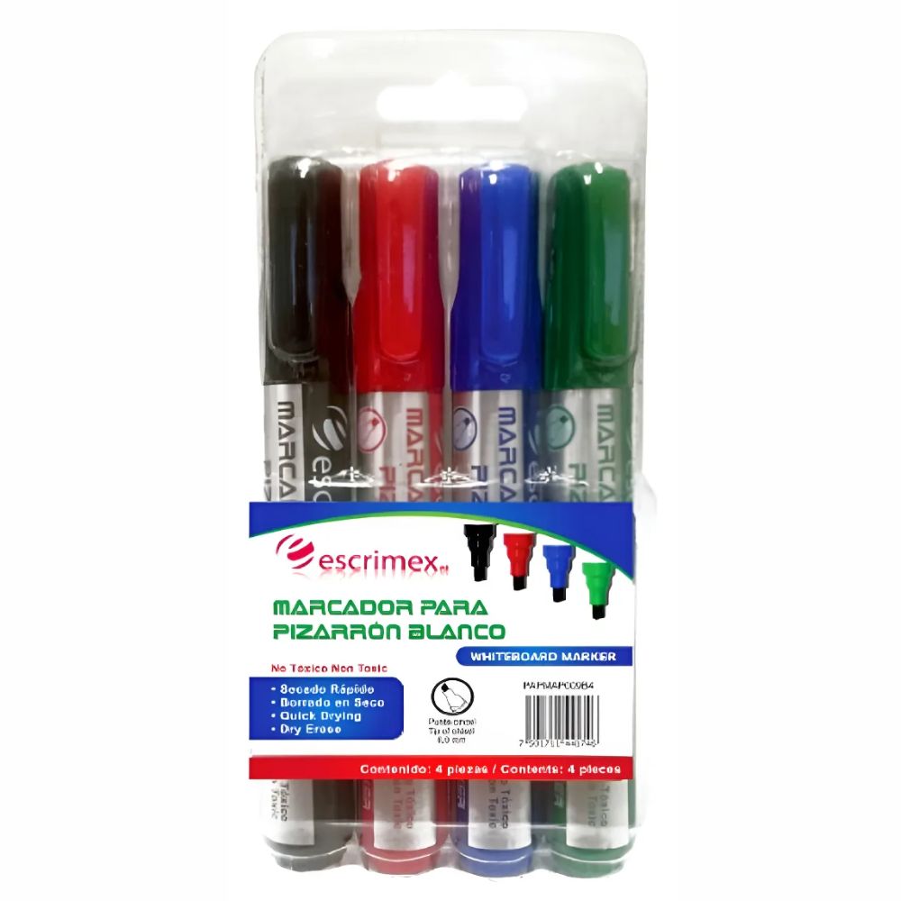 Marcadores Escrimex Pizarrón Blanco | 4 Colores | Punta Cincel | No Tóxicos