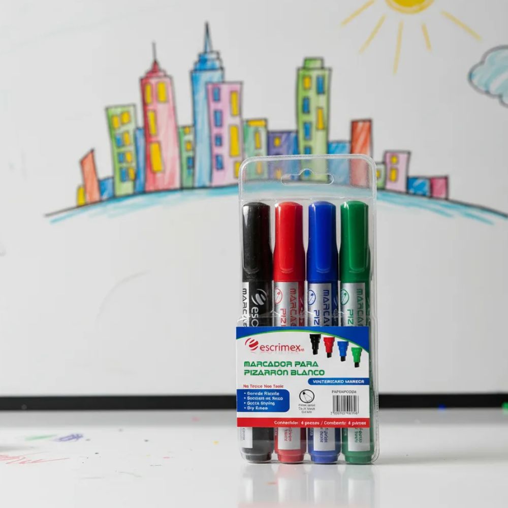 Marcadores Escrimex Pizarrón Blanco | 4 Colores | Punta Cincel | No Tóxicos