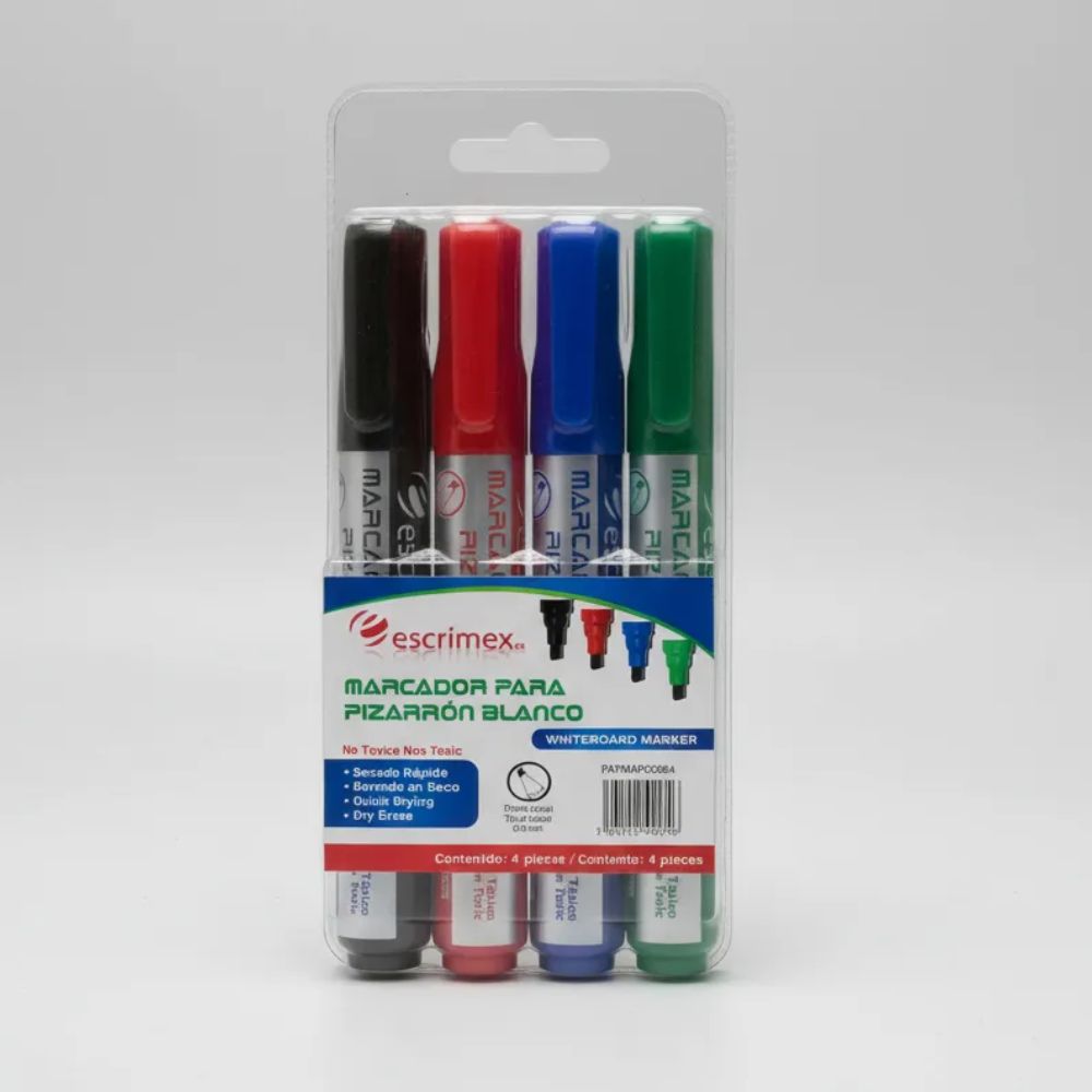 Marcadores Escrimex Pizarrón Blanco | 4 Colores | Punta Cincel | No Tóxicos