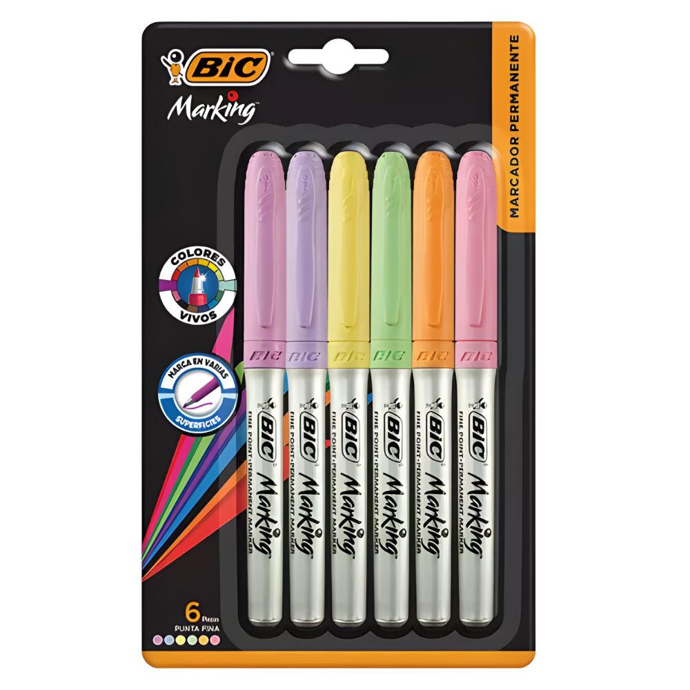 Marcador Permanente BIC Marking 6 Colores Pastel | Punta Fina 1.1 mm | Blíster