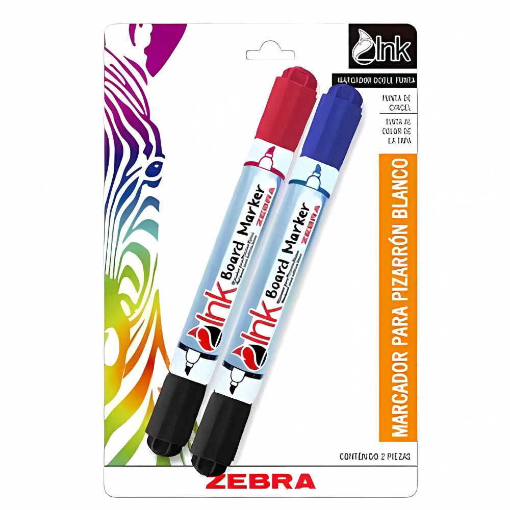 Marcador Pizarrón Doble Punta Zebra | Blíster 2 Piezas | Rojo Negro Azul