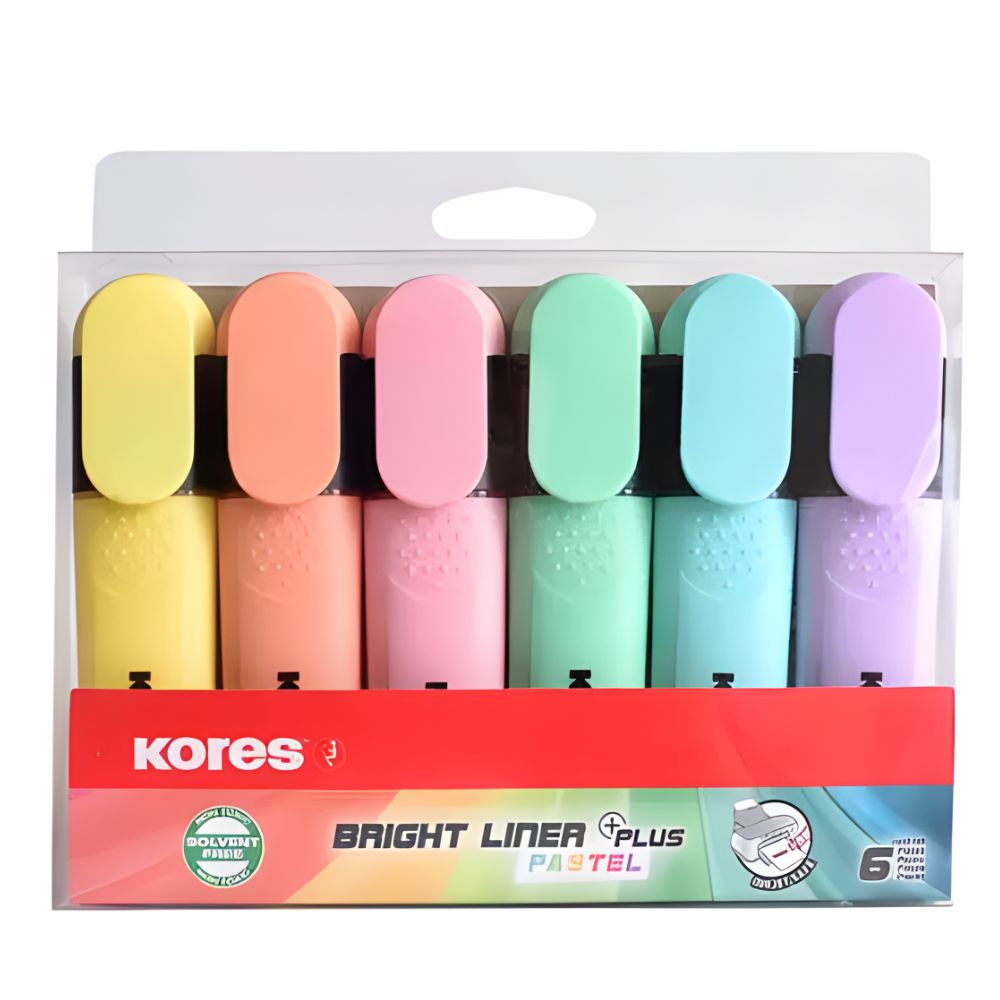 Resaltadores Kores Bright Line Plus Pastel | Set de 6 Colores | Punta Cincel
