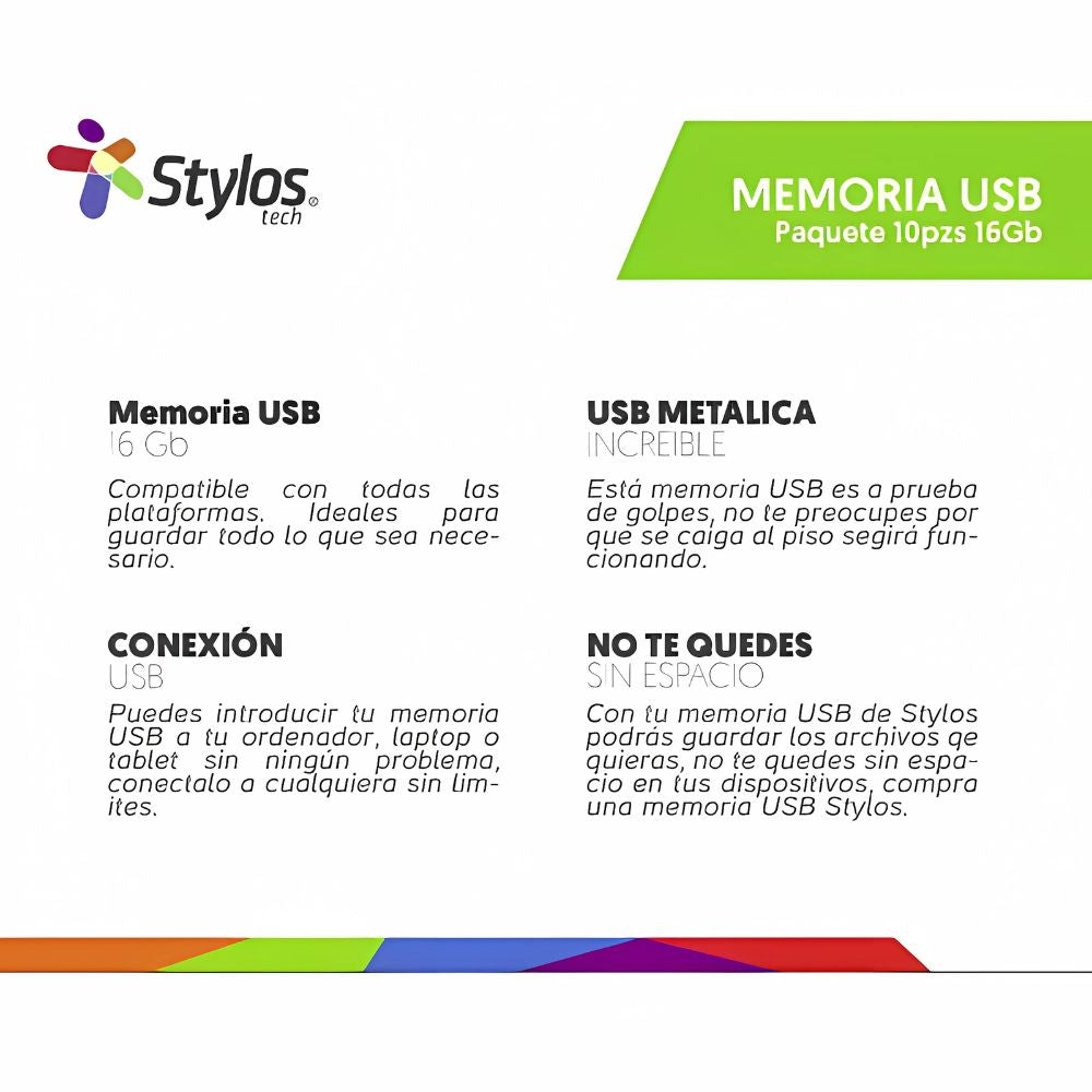 Kit 10 Memorias USB Stylos ST100 | 16GB, Metálicas, Plata