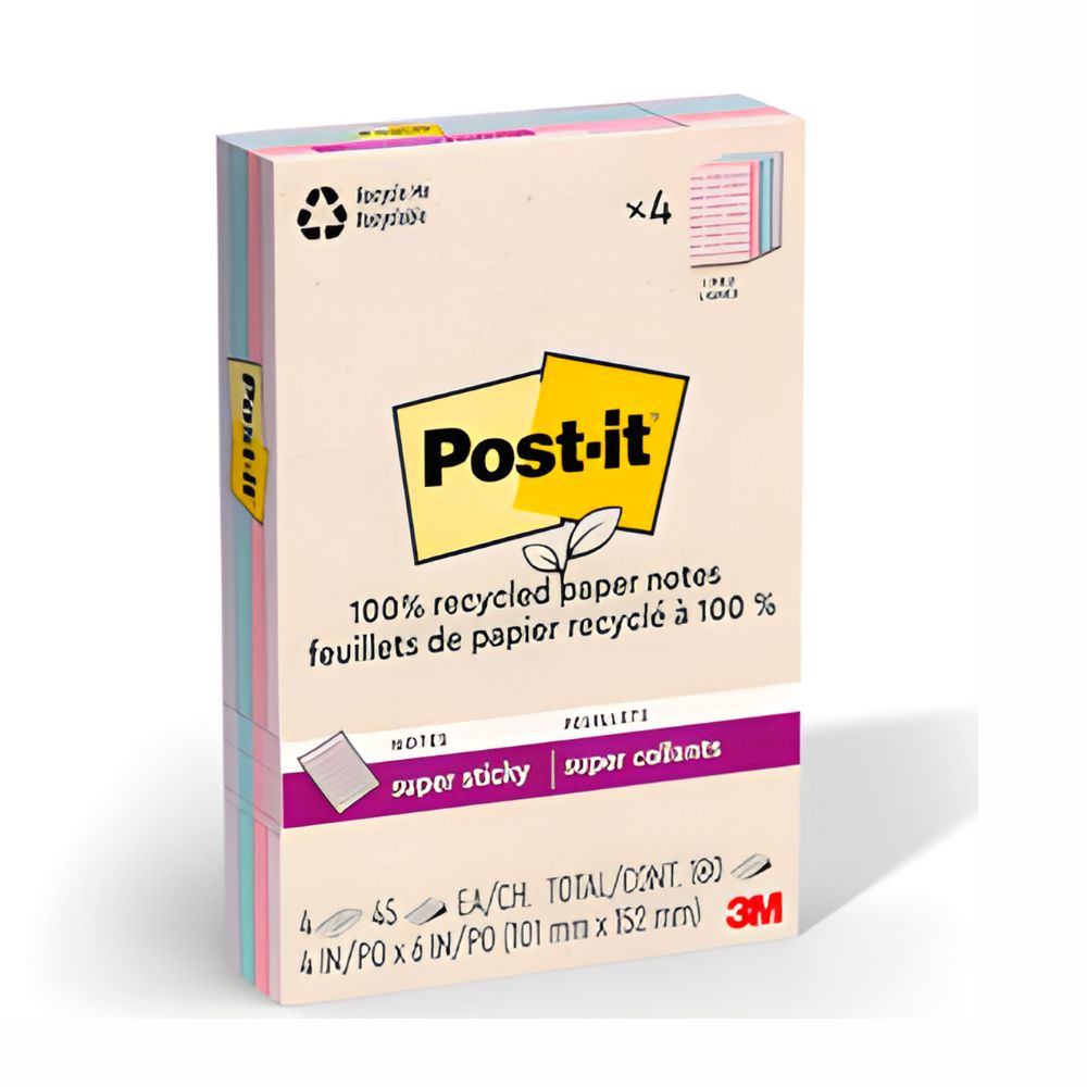 Post-it Super Sticky 4x6 Pulgadas Rayado | 4 Blocks 45 Hoja