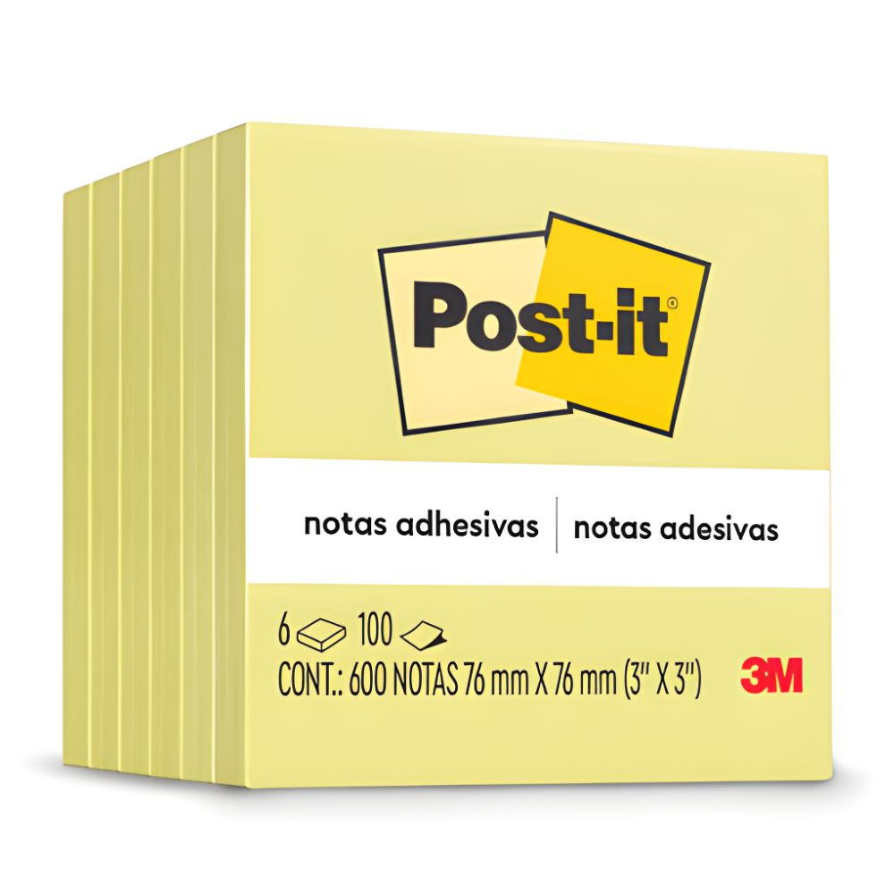 Notas Adhesivas 3M Post it 3x3 con 100 Hojas Paquete C/6 Block Color Amarillo