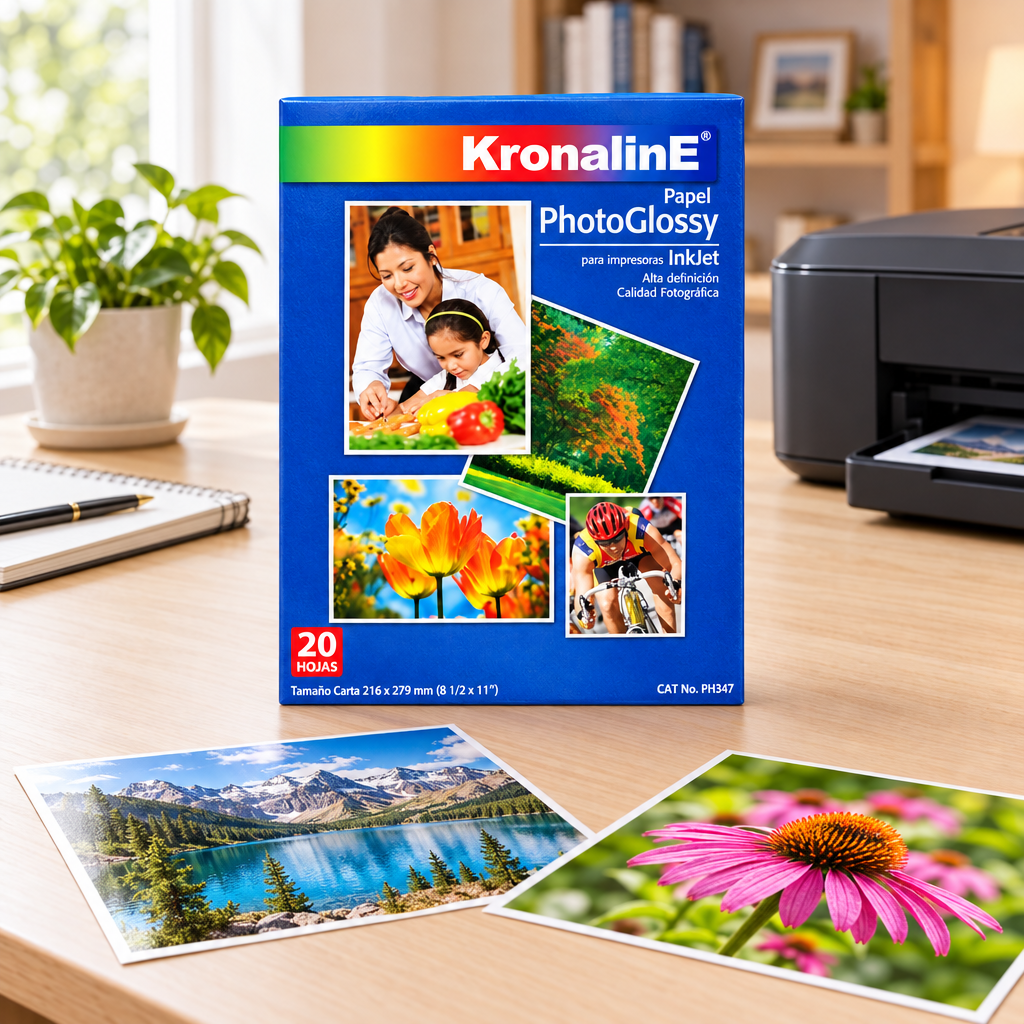Papel fotográfico Kronaline PhotoGlossy PH347 sobre un escritorio en una oficina en casa
