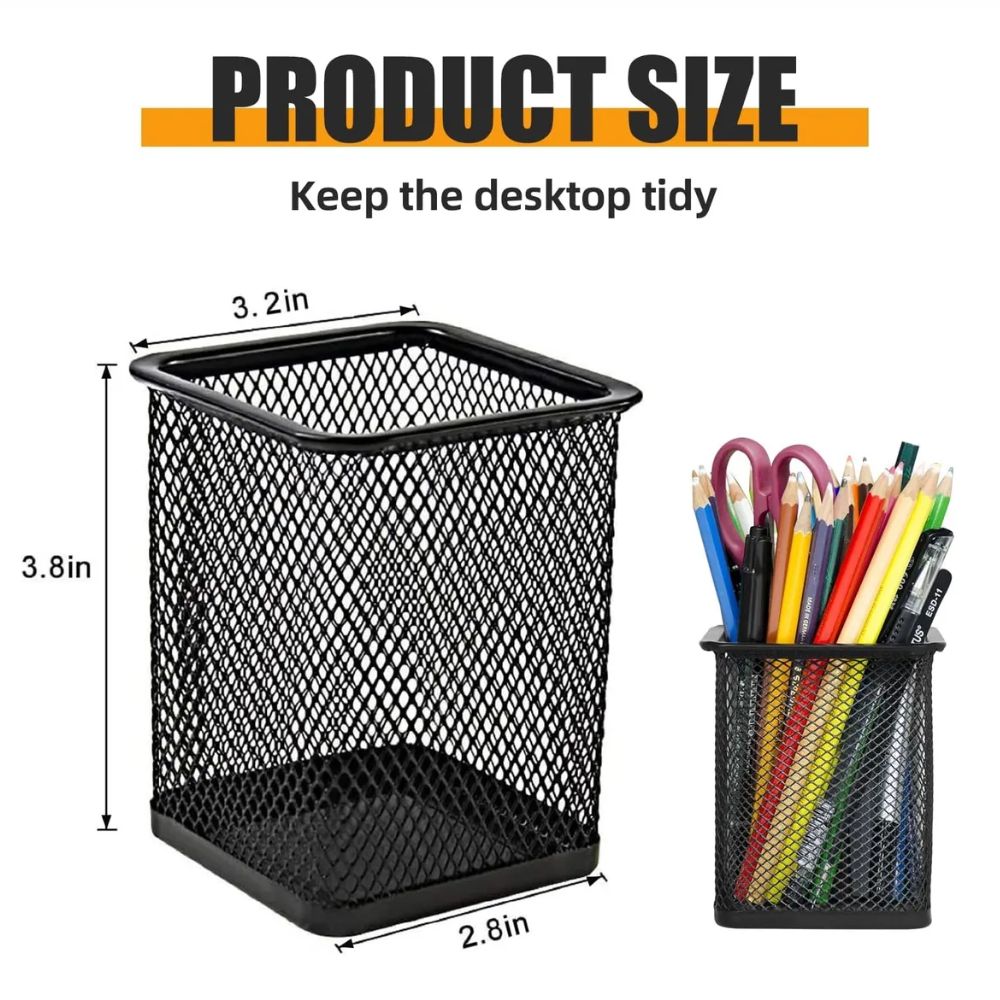 Portalápices Cuadrado de Malla Metálica Negro | Organizador de Escritorio