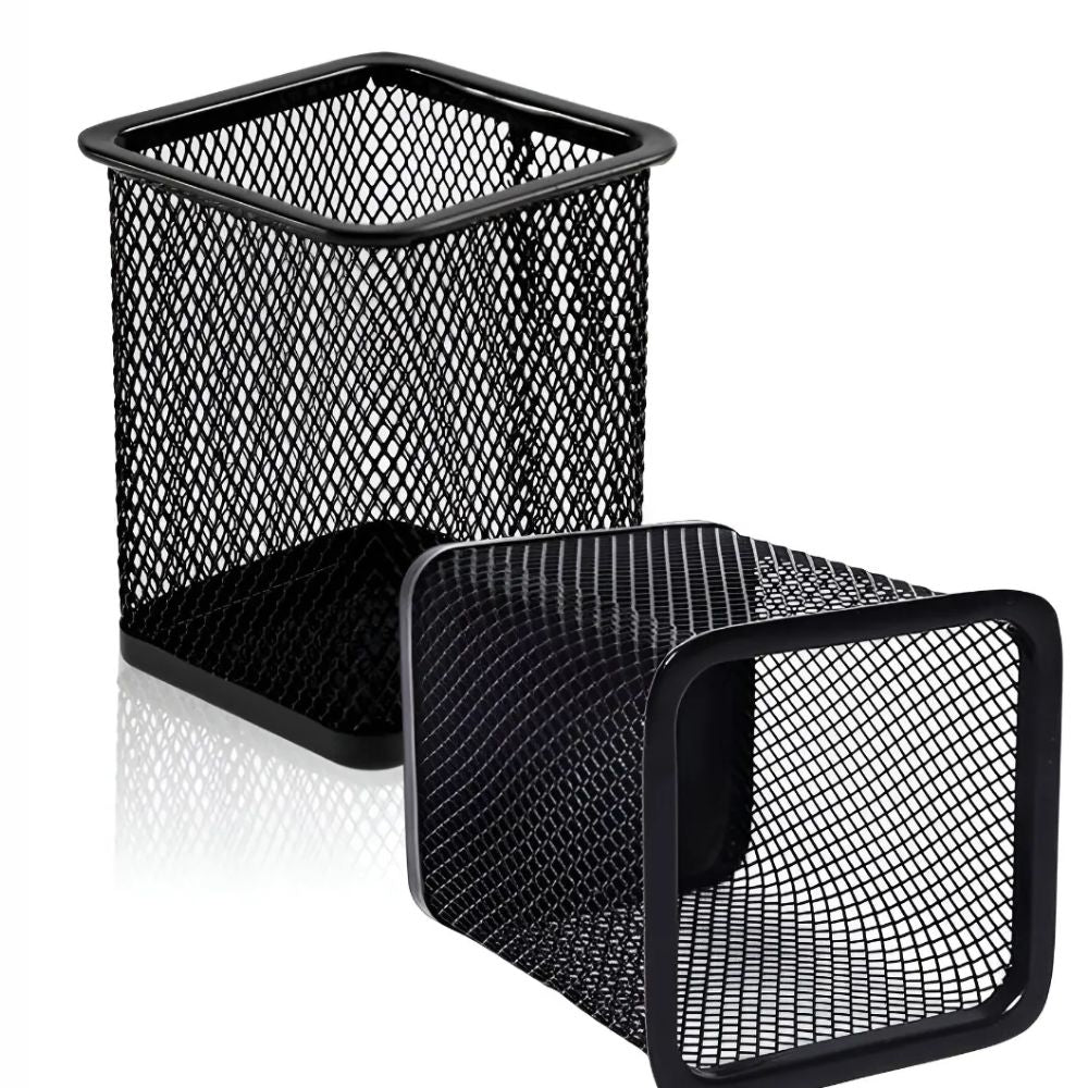Portalápices Cuadrado de Malla Metálica Negro | Organizador de Escritorio
