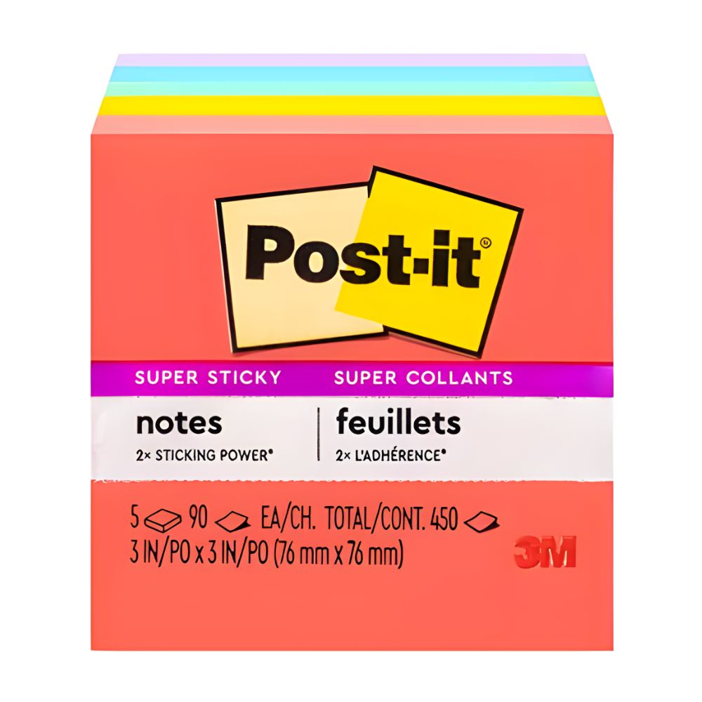 Notas Adhesivas Post-it Super Sticky | 3x3 Pulgadas | 5 Blocks Neón | 450 Hojas

