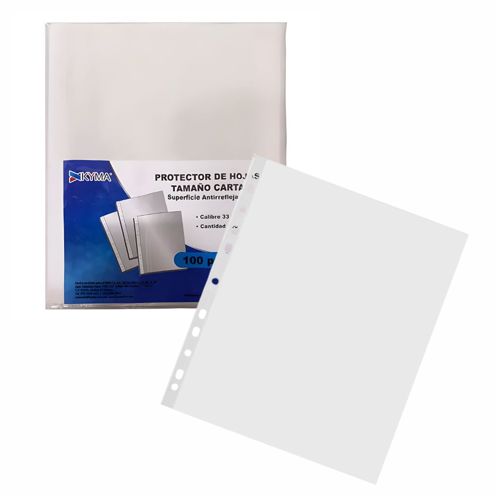 Protectores de Hojas KYMA | Tamaño Carta | Calibre 33 Micras | Antirreflejante | 100 pzas
