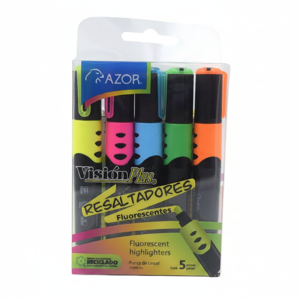 Resaltador Visión Plus Azor C/5 | Punta Cincel 6 mm | Colores Surtidos - Colmenero Shop