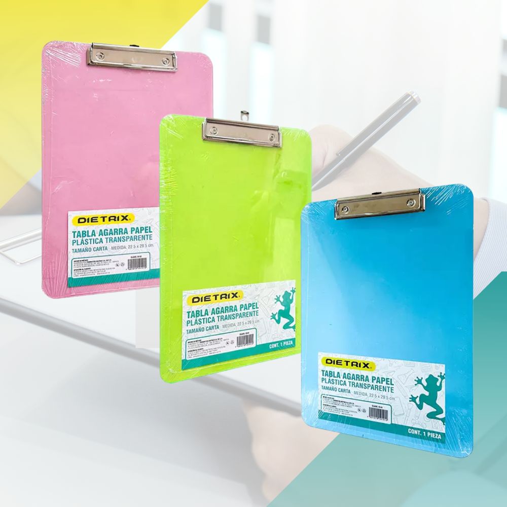 Tabla de plástico agarra papel DIETRIX tamaño carta, colores surtidos con regla