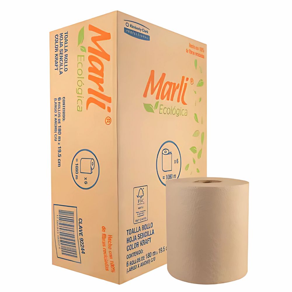 Toalla en Rollo Kraft Marli 180 m | Caja con 6 Bobinas Ecológicas