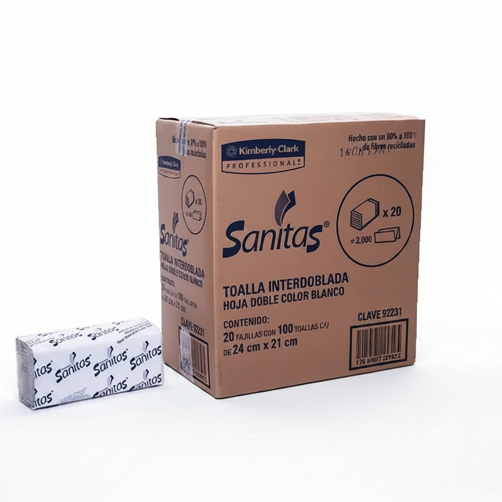 Toalla Interdoblada Sanitas | Caja 20 Paquetes (100 Toallas 2‑Capas) - Colmenero Shop