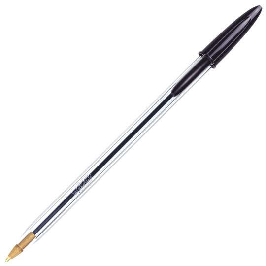 Variedad de bolígrafos BIC Cristal punto mediano 1.0 mm modelo M250 con barril hexagonal transparente, tapas ventiladas de seguridad y muestras de tinta en colores negro, azul, rojo y verde.