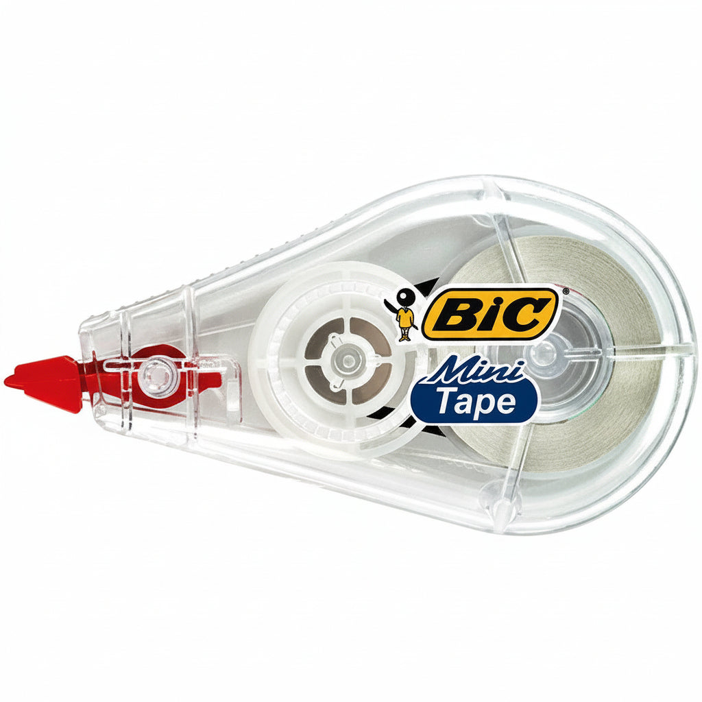 Cinta correctora BIC Mini Tape compacta modelo SKU 891548, diseñada para la corrección instantánea, limpia y sin grumos de documentos de oficina.