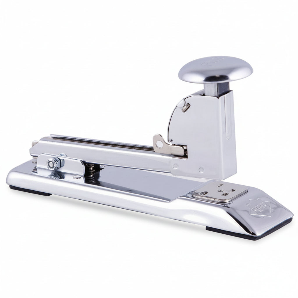 Engrapadora profesional de golpe Pilot 400 con acabado en cromo brillante de alta resistencia y base antiderrapante para uso rudo de oficina.