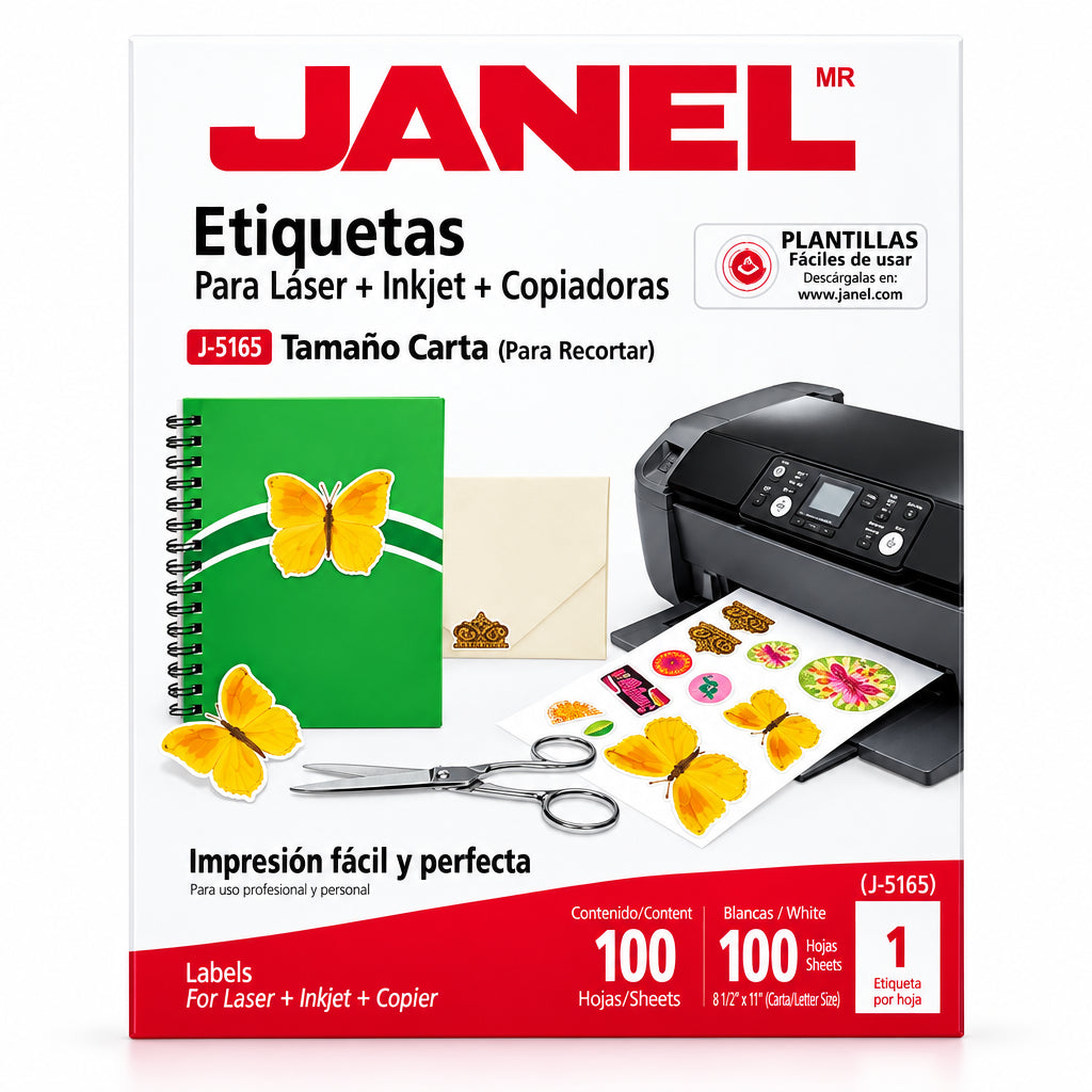 Paquete de etiquetas Janel J-5165 tamaño carta 100 hojas para impresora láser.